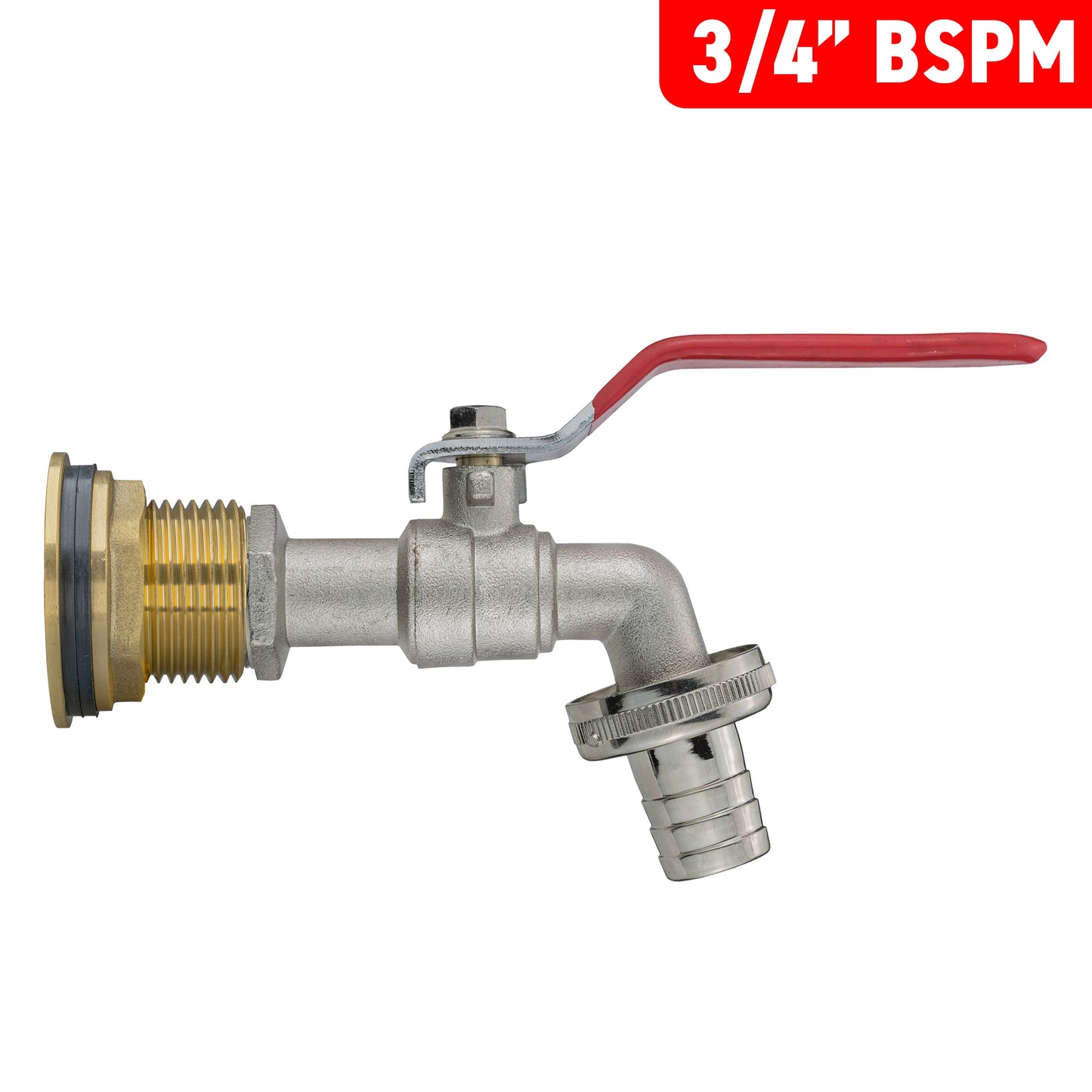3/4" BSPM lever tap with red handle and barbed hose connection