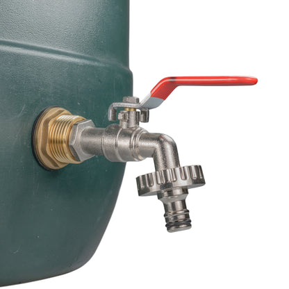 Water butt tap kit connected to tank wall: brass threaded inlet and red lever handle