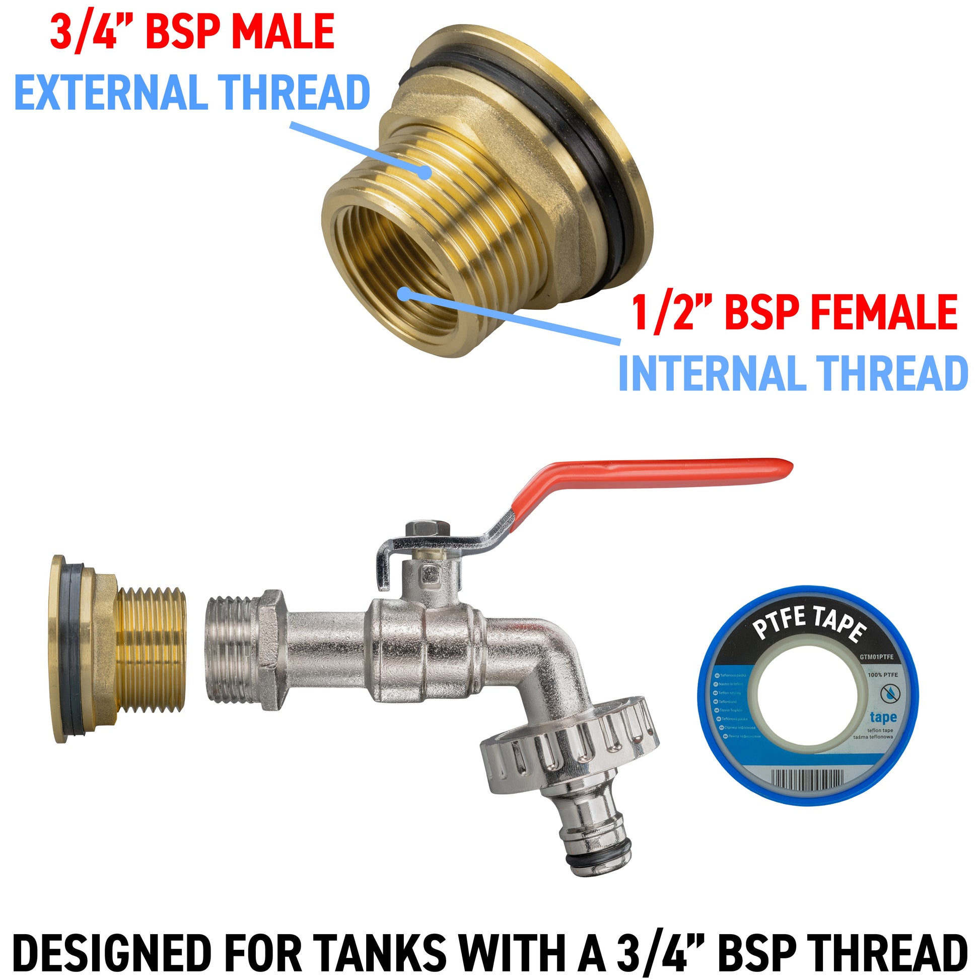 Brass threaded adapter with black gasket and metal quick-connect tap outlet