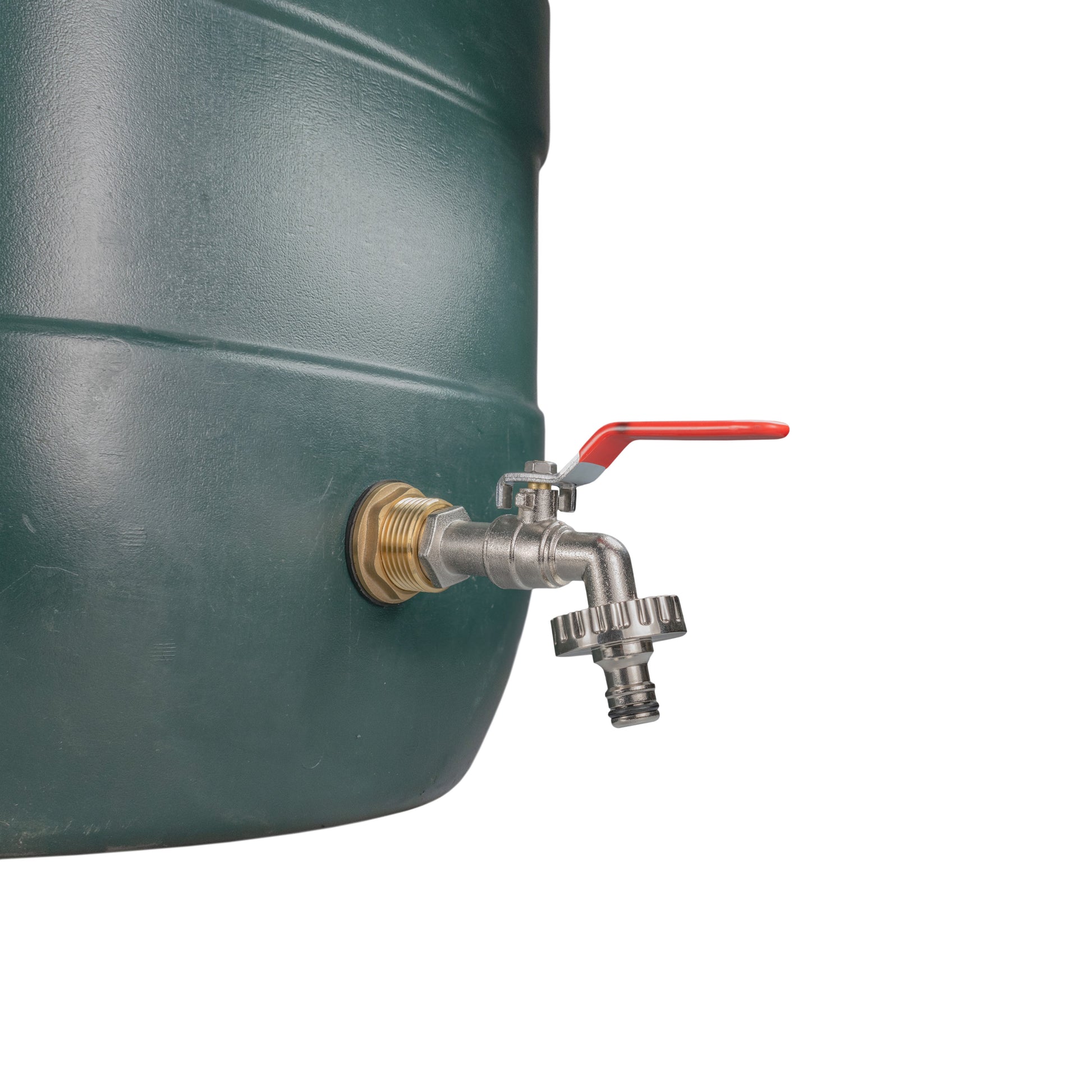 Water butt tap kit at tank outlet with red lever handle and quick-connect spout