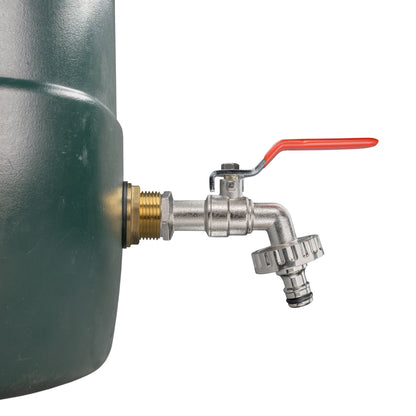 Tank-mounted water butt tap with brass inlet, steel body, and red lever handle