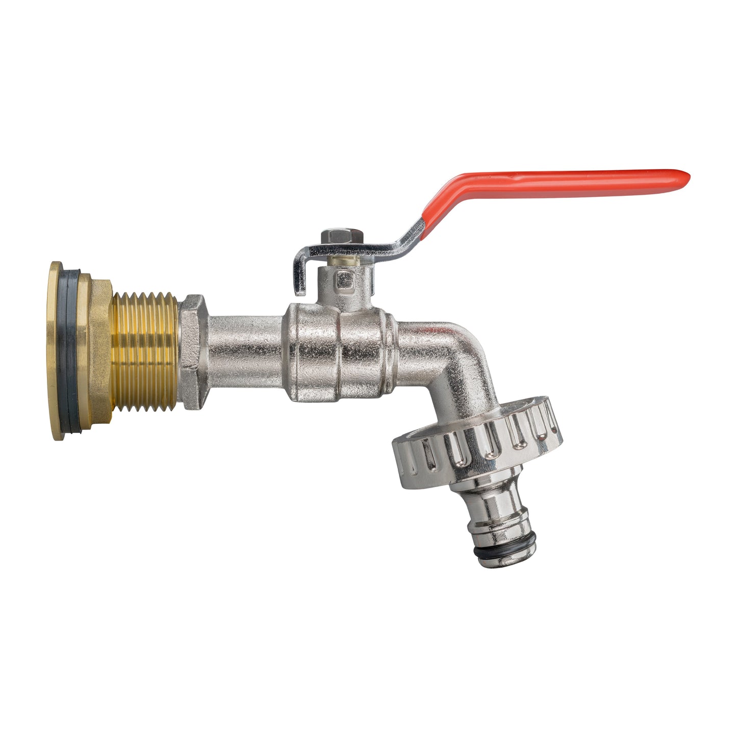 Brass water butt tap kit with 3/4" fitting and red lever handle, quick-connect outlet
