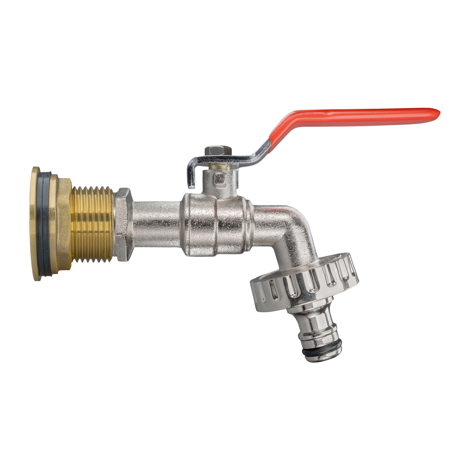 Brass water butt tap kit with 3/4" fitting and red lever handle, quick-connect outlet