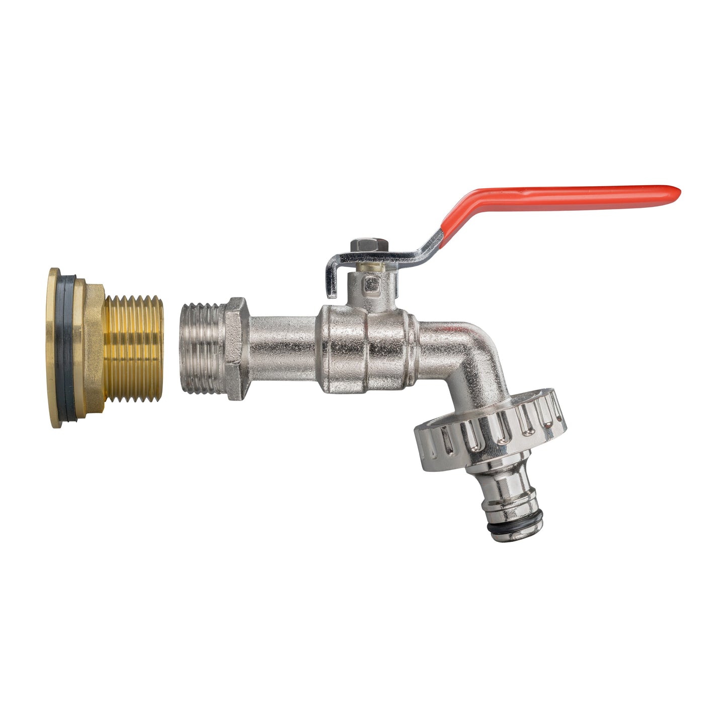 Brass and steel water butt tap kit with red lever handle and quick-connect hose outlet