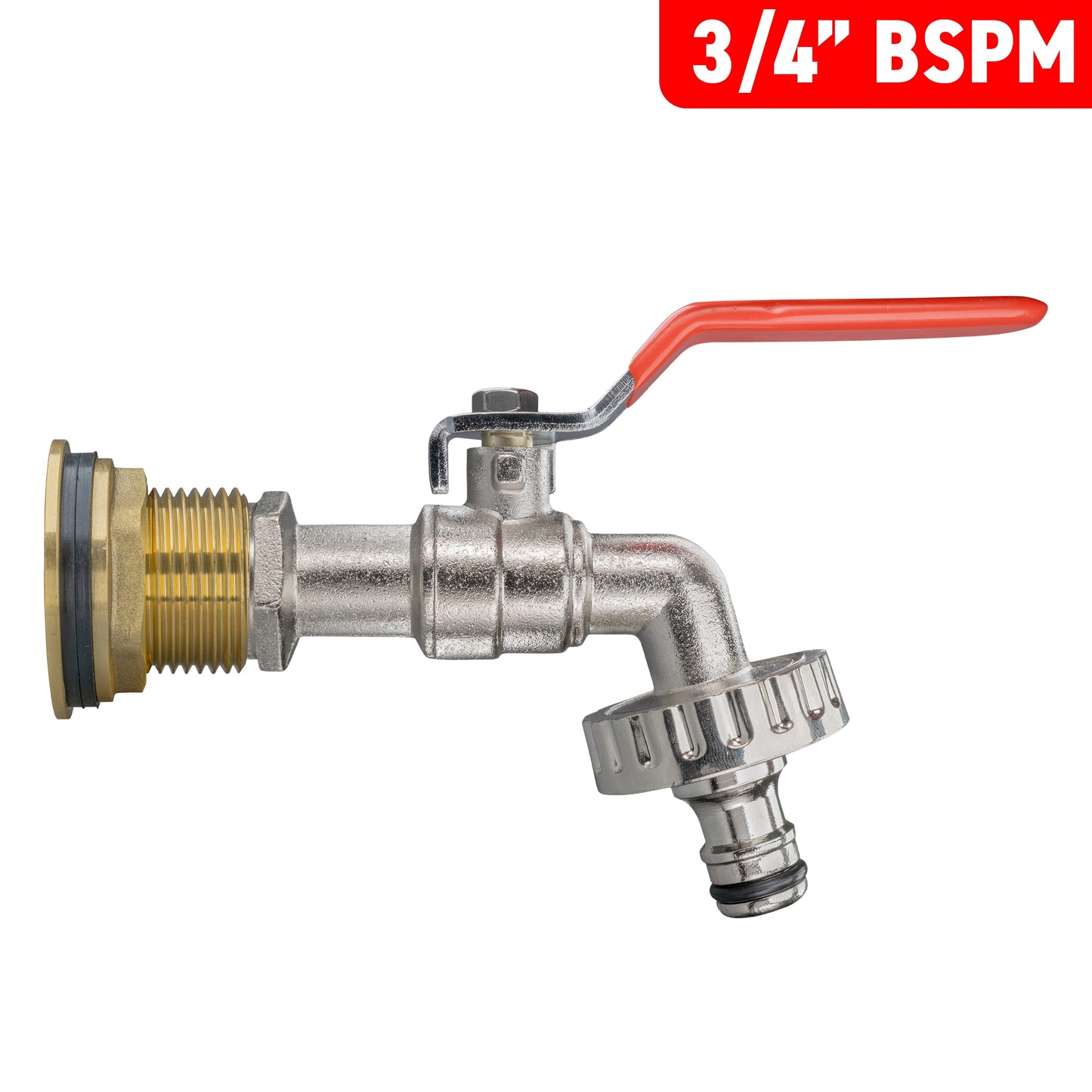3/4" BSPM water butt tap kit with red lever handle and metal hose outlet