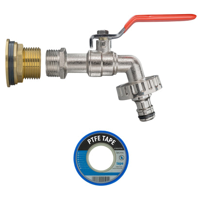 Water butt brass tap kit with red lever handle and PTFE tape included
