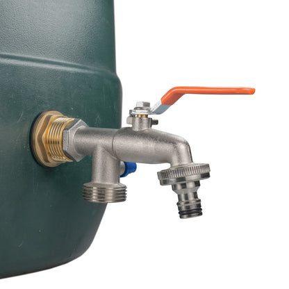 Double tap water butt brass kit with orange handle, grey body and blue shut-off lever