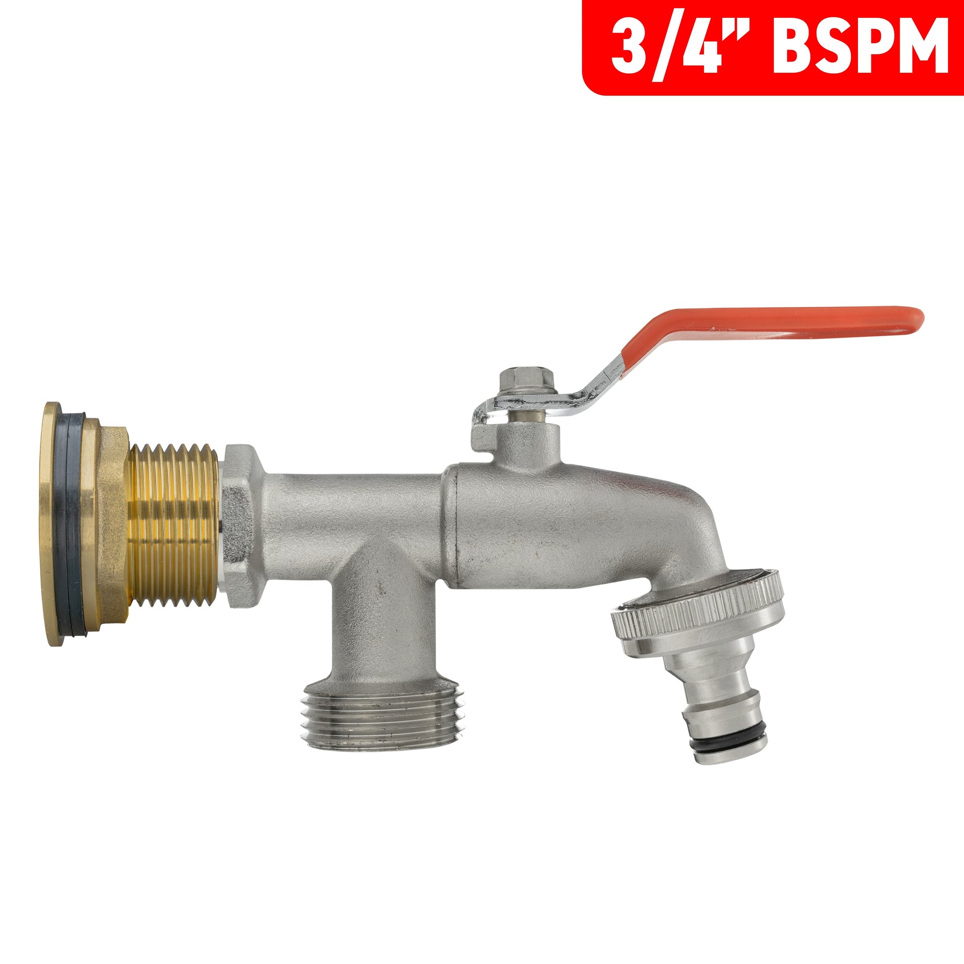 3/4" BSPM water butt brass tap with orange lever handle and dual outlet connectors