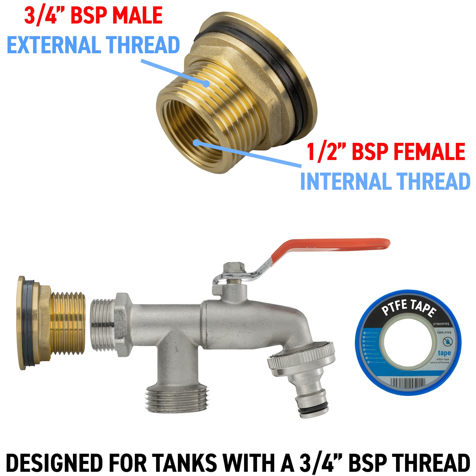 Threaded adapters: 3/4" BSP male external thread and 1/2" BSP female internal thread