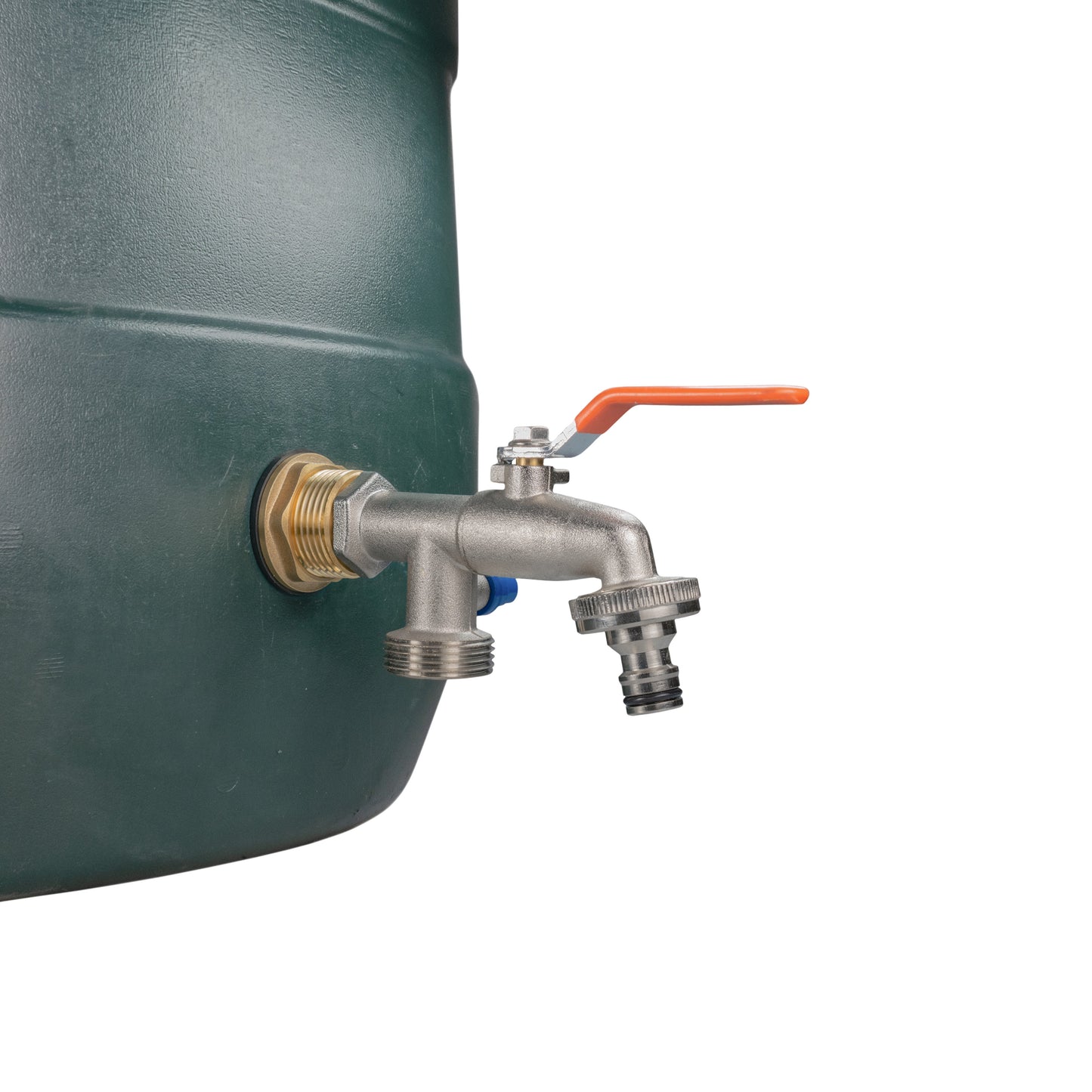 Water butt brass tap with orange lever and adjustable outlet end fitting