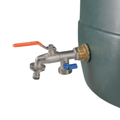 Double outlet water butt brass tap kit with orange lever and blue diverter handle
