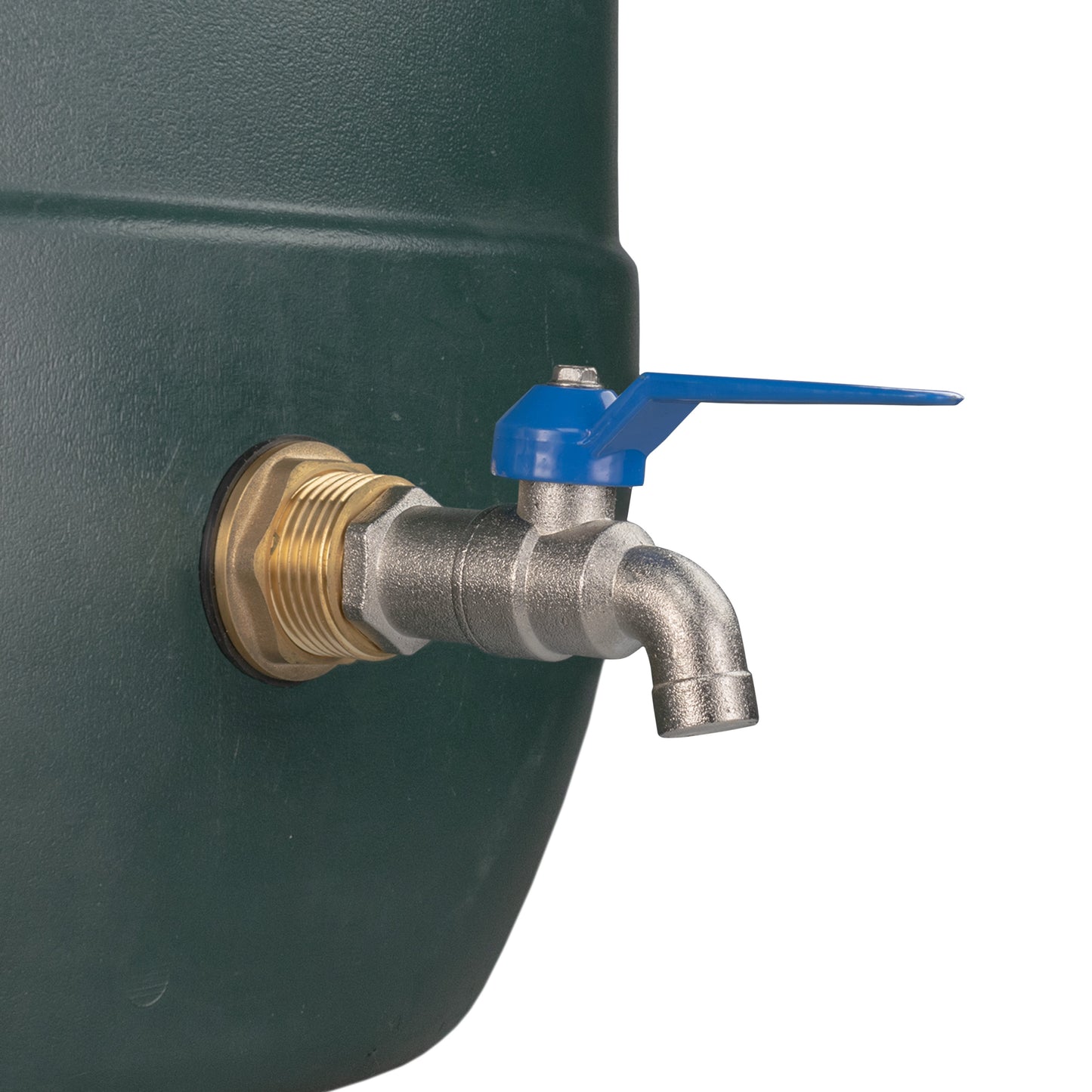 Brass lever tap with blue handle and angled spout, mounted to a water butt
