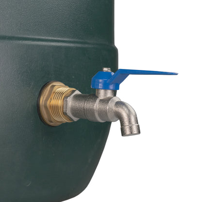 Brass lever tap with blue handle and angled spout, mounted to a water butt