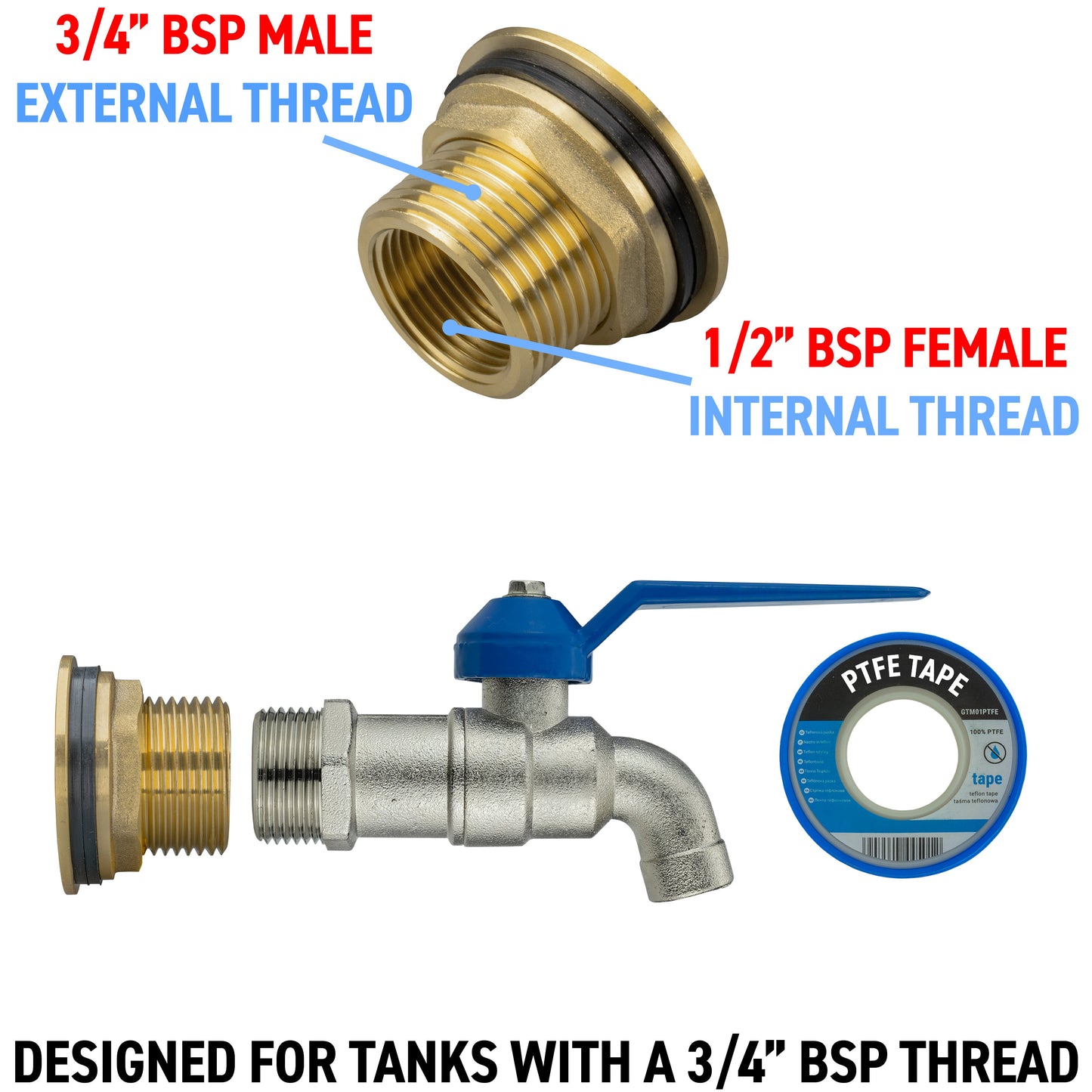 Brass tap connector showing 3/4" BSP male and 1/2" BSP female thread ends