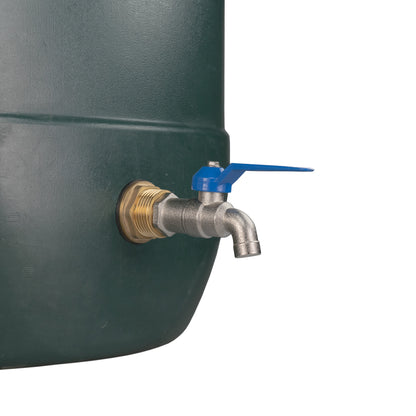 Brass lever tap with blue handle and angled outlet, close-up at the tank fitting