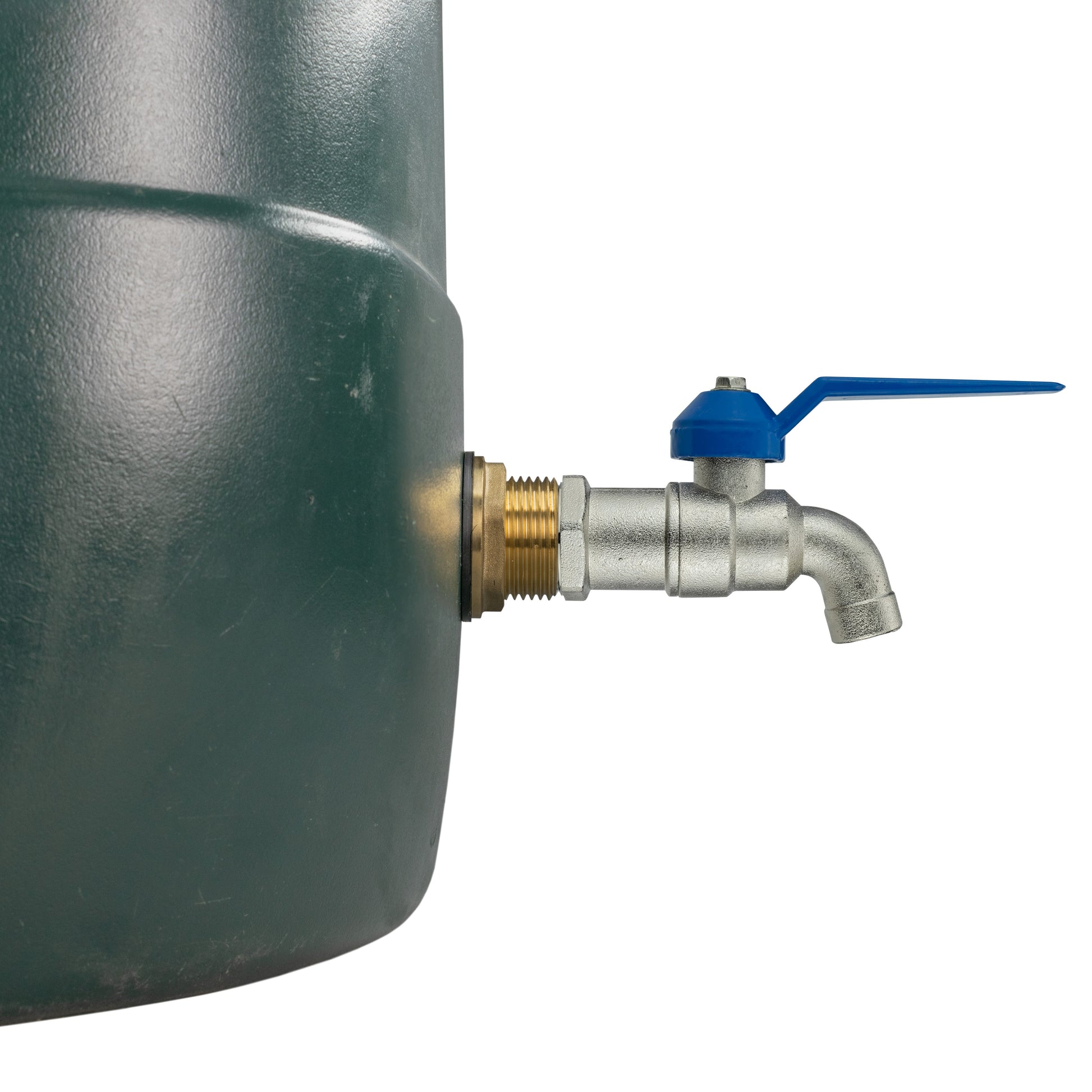 Brass water butt tap with blue lever handle, threaded inlet and angled outlet spout