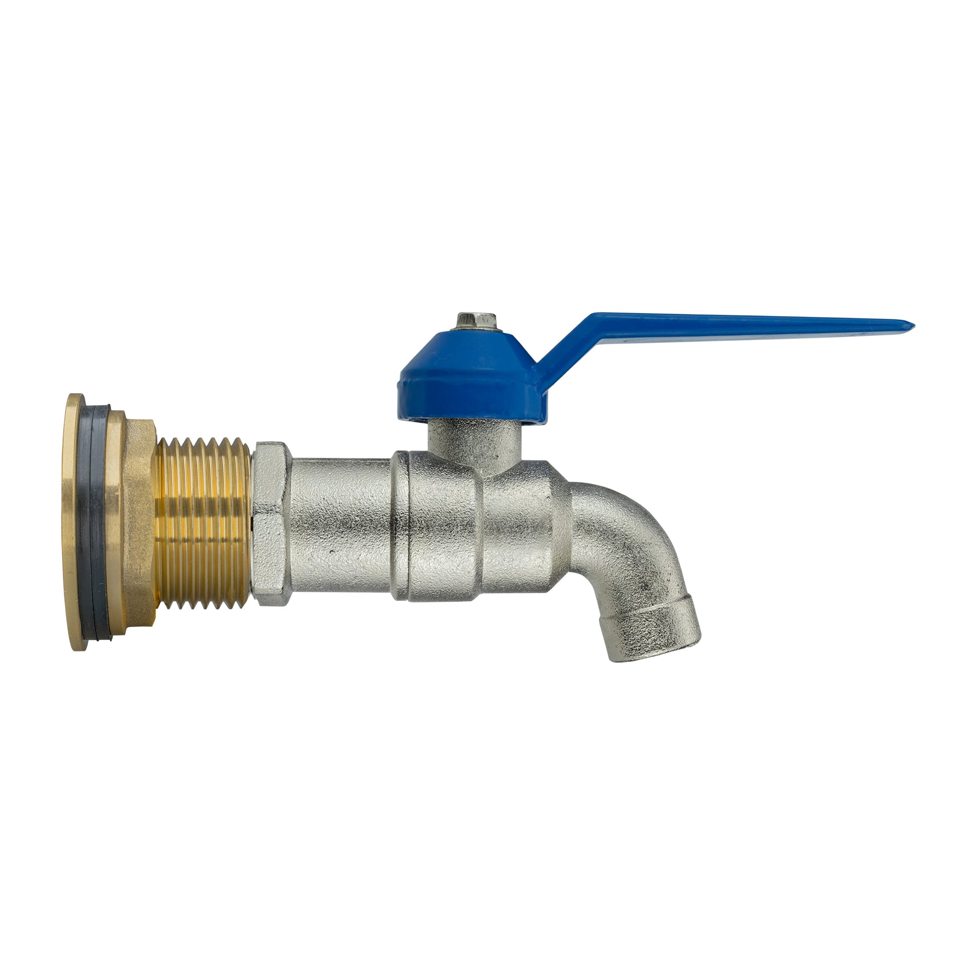 Brass 3/4" water butt tap kit with blue lever handle and angled outlet spout