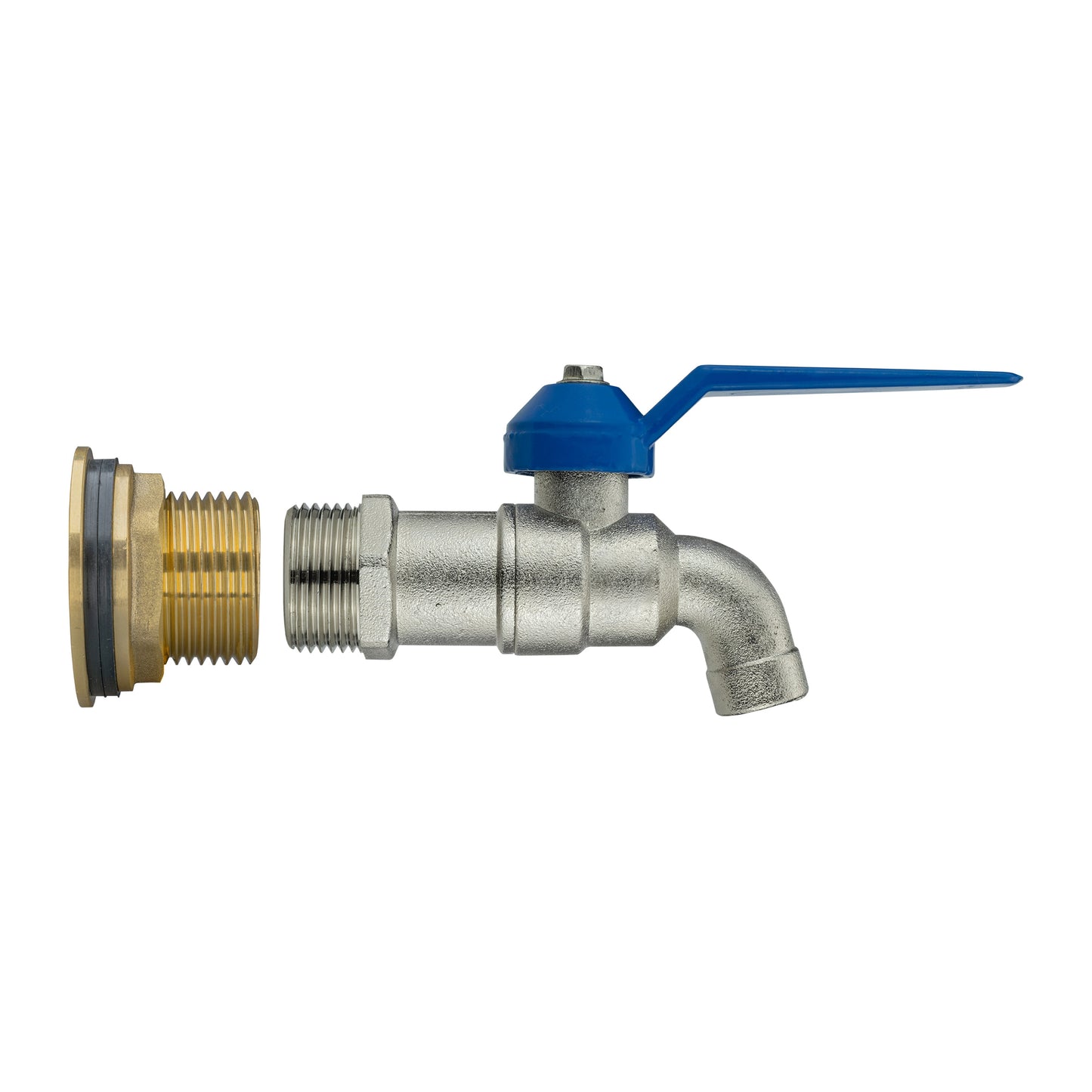 Brass water butt tap kit with blue lever handle and 3/4" BSP thread connector