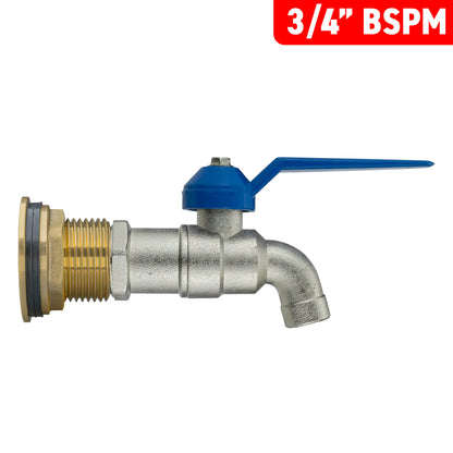 Brass 3/4" BSPM tap connector with blue lever handle and angled outlet spout