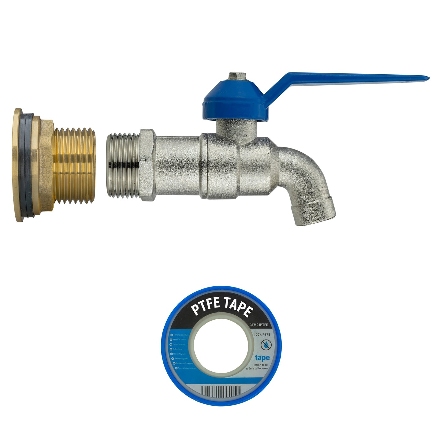 Brass tap kit with blue lever handle plus PTFE tape roll for sealing