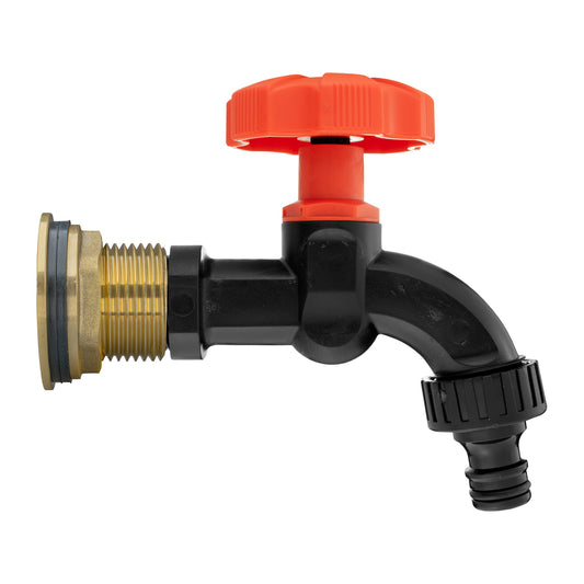 Brass 3/4" water butt tap kit with black dial and orange/red top cap