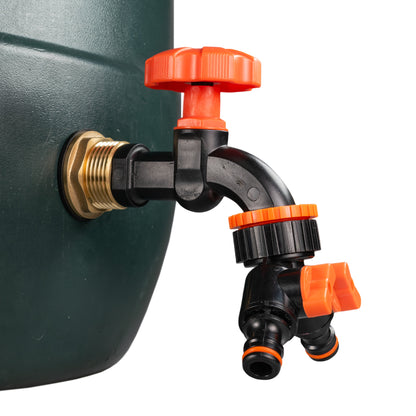Tank tap with orange cap, black body, and orange two-outlet splitter