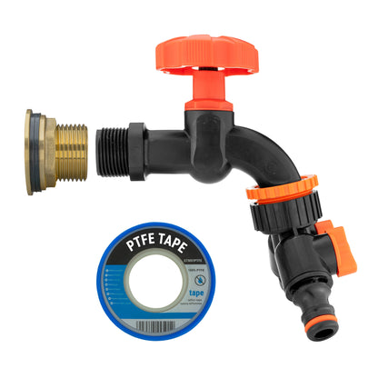 Water butt tap kit with PTFE tape, orange dial and black two-way splitter