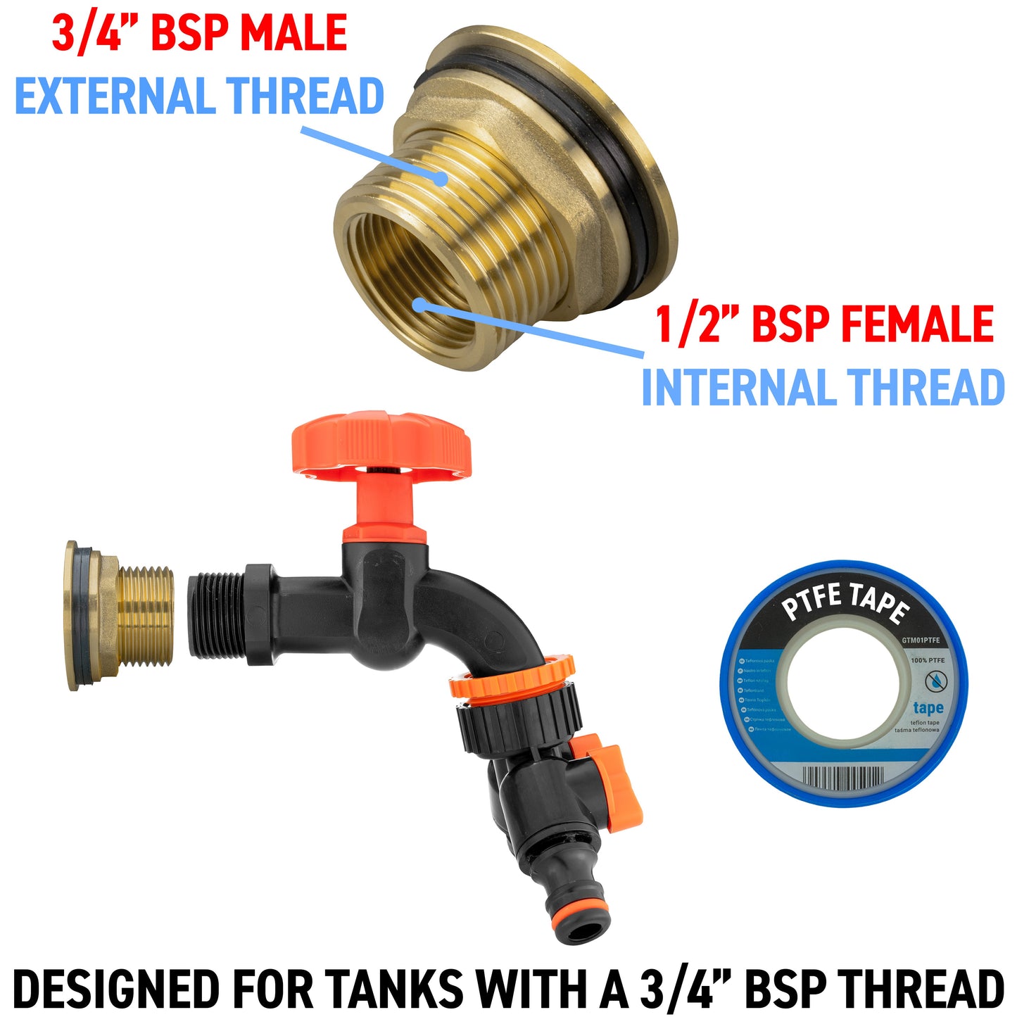 3/4in BSP male and 1/2in BSP female tap kit with PTFE tape