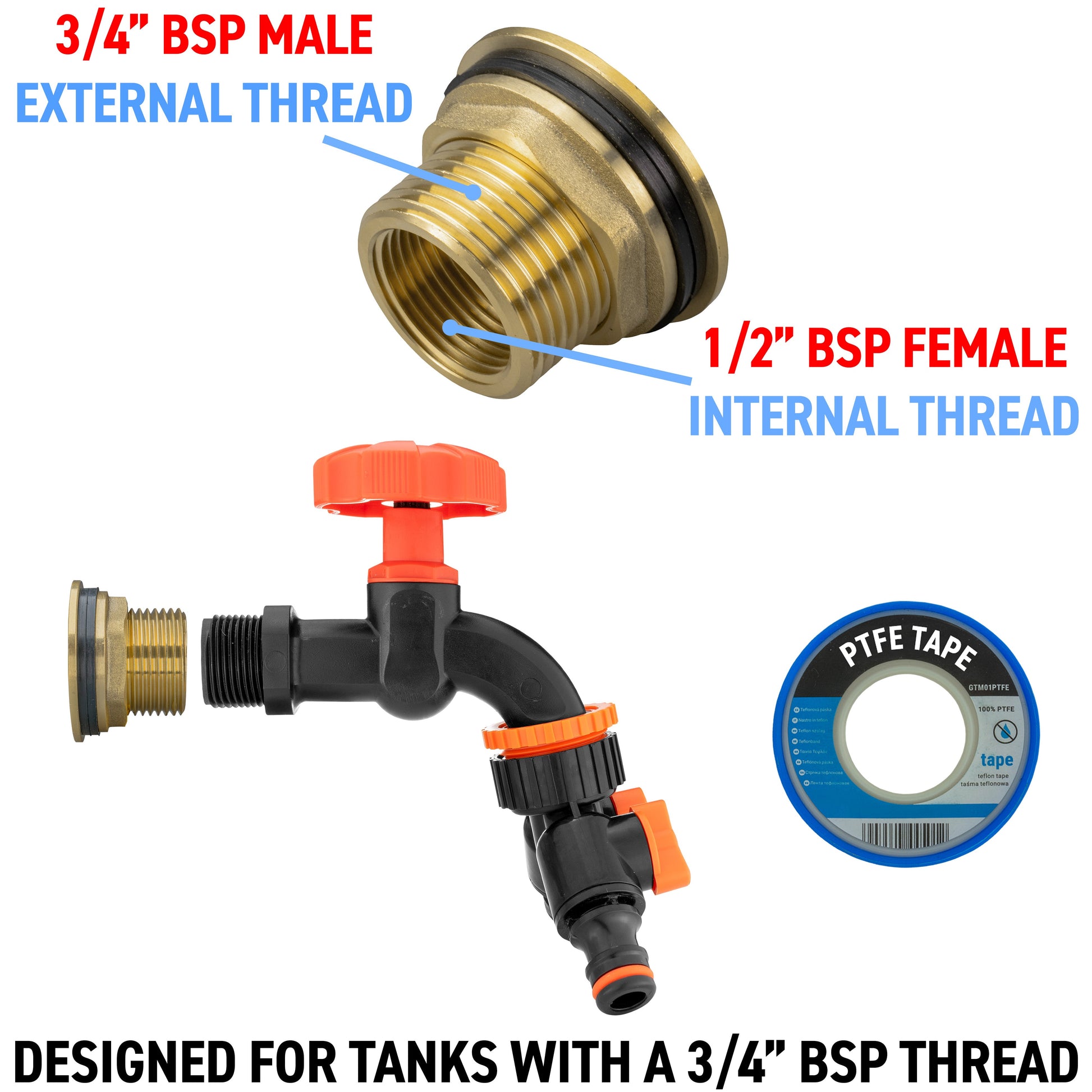 3/4in BSP male and 1/2in BSP female tap kit with PTFE tape