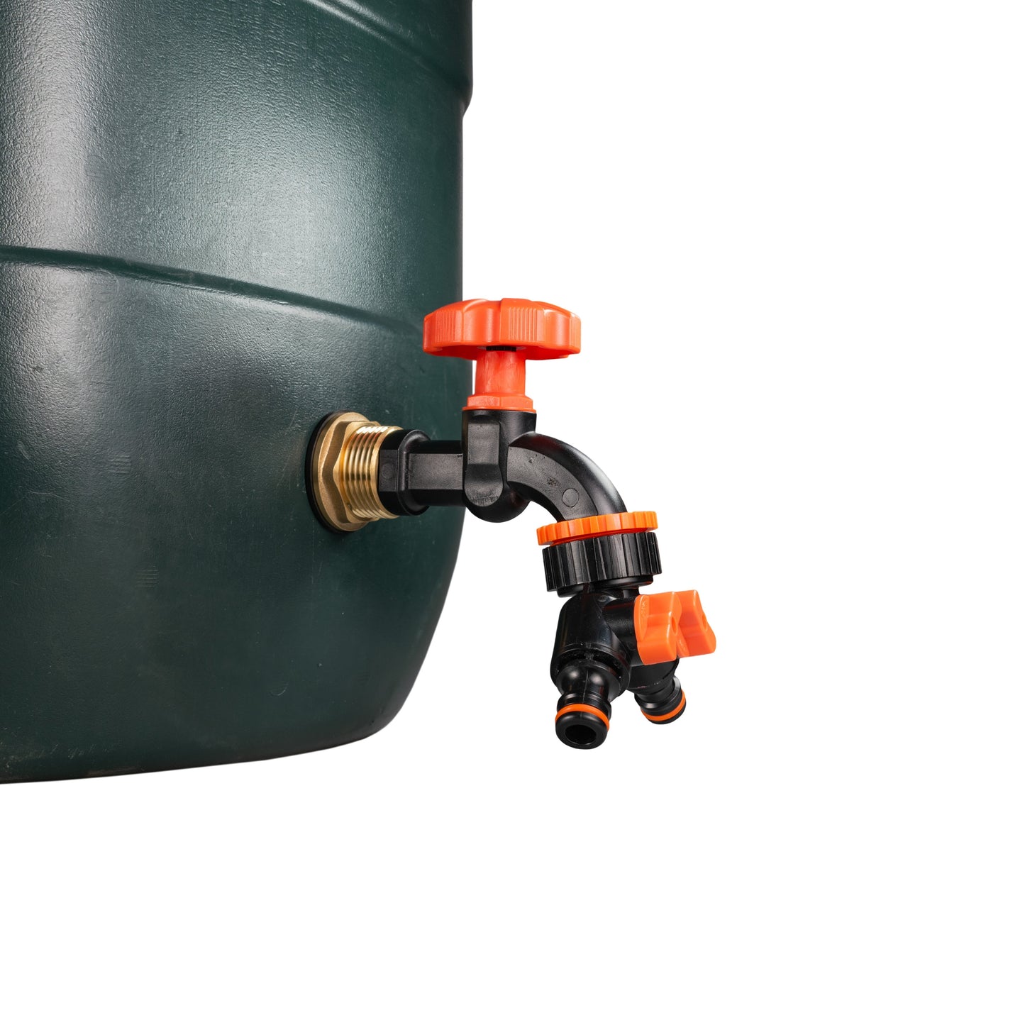Brass-thread water butt tap with orange dial on tank