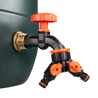 Water butt tap on tank inlet: black hose outlets with orange two-way control