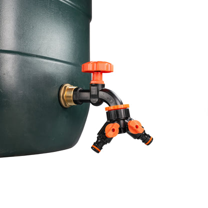 Two-outlet water butt tap with orange controls and brass threaded inlet