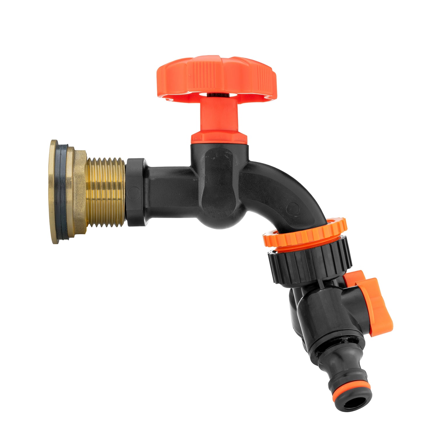 Brass 3/4in BSP water butt tap, black dial, orange two-way splitter