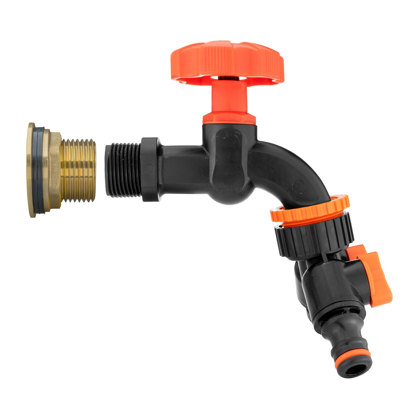 Water butt brass tap kit: black body, orange cap, orange two-way splitter