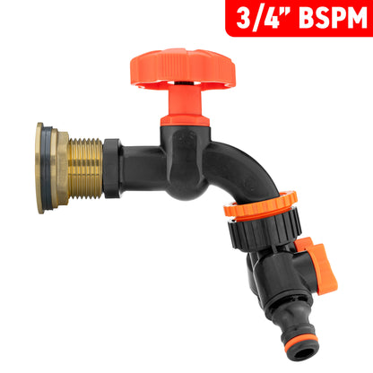 Brass 3/4in BSP male water butt tap with black body and orange controls