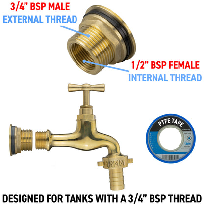 Brass water butt tap fittings: 3/4" BSP male and 1/2" BSP female threads