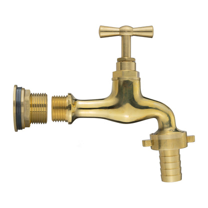 Polished brass water butt tap kit with barbed hose connector