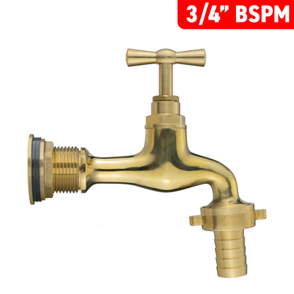 Brass tap with 3/4" BSPM connection and 19mm barbed hose outlet