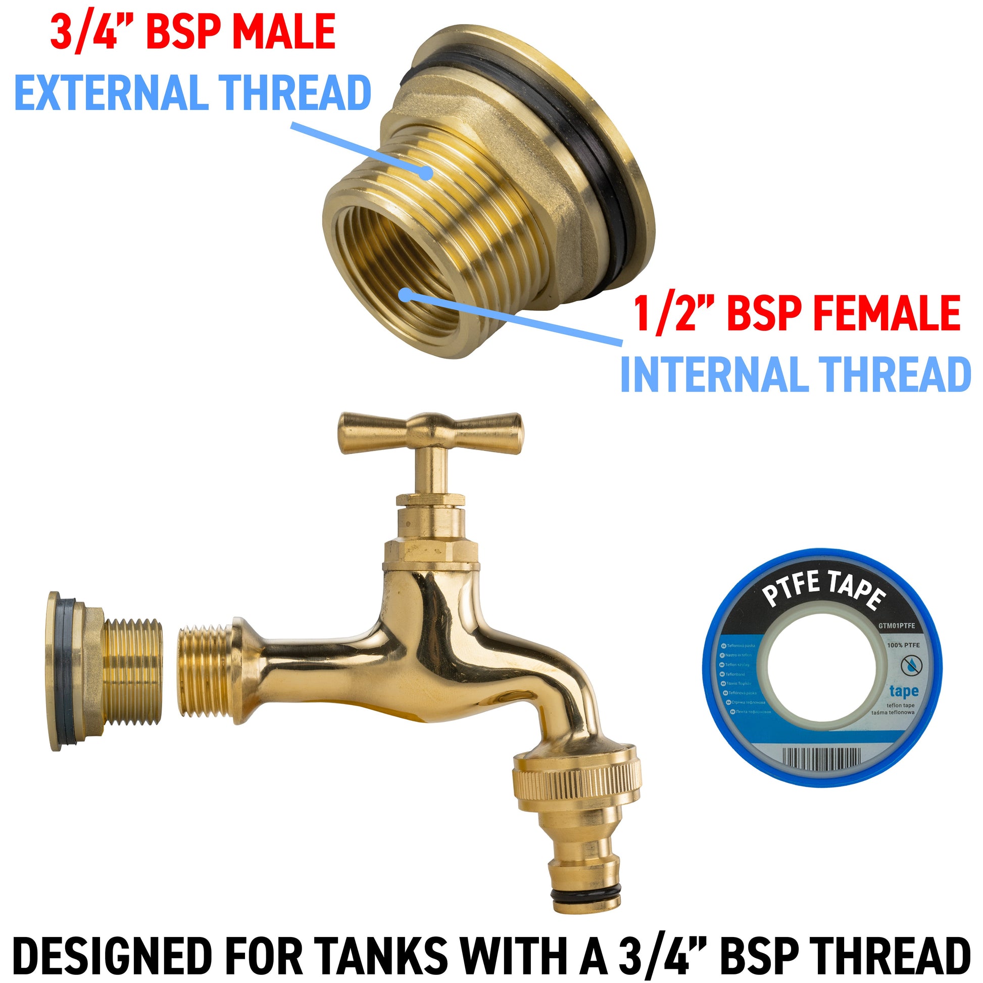 3/4" BSP male to 1/2" BSP female adapter end connections for water butt tap kit