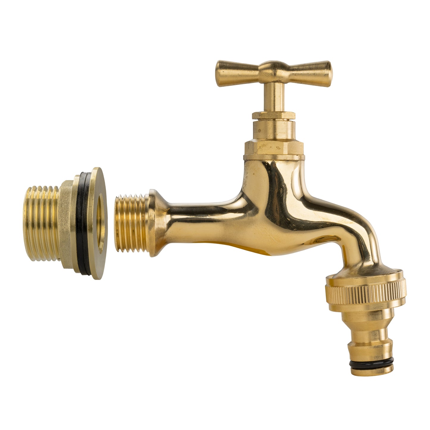 Water butt brass tap kit showing quick-connect fitting and side 3/4" thread