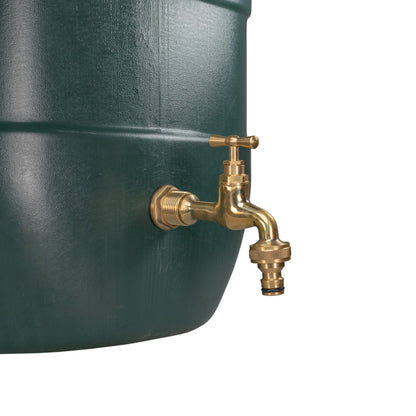 Brass tap spigot with quick-connect connector attached to a water butt