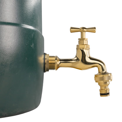 Brass water butt tap with handle and quick-connect connector on the outlet