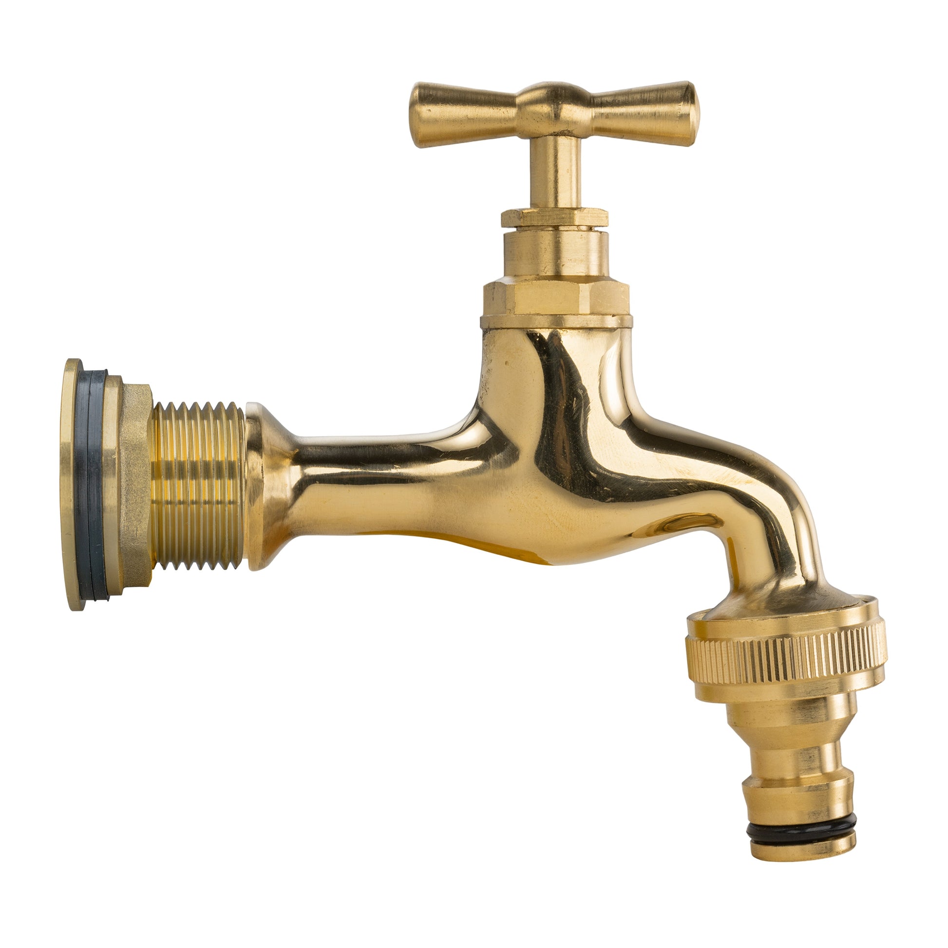 Polished brass water butt tap with quick-connect outlet and 3/4" threaded inlet