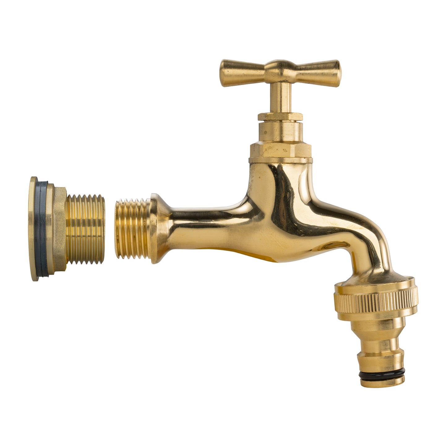 Polished brass tap with 3/4" BSP male thread and ribbed quick-connect adapter