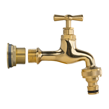 Polished brass tap with 3/4" BSP male thread and ribbed quick-connect adapter