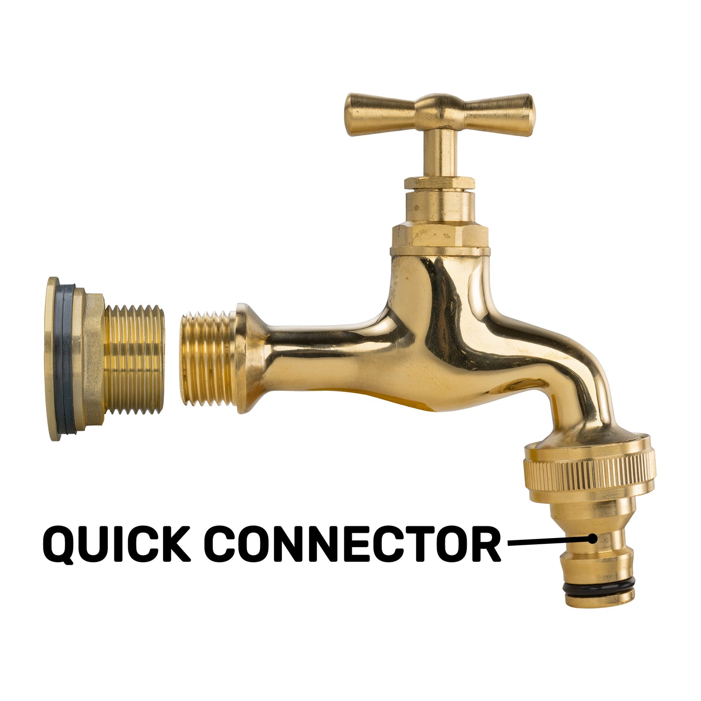 Polished brass water butt tap with quick connector outlet and knurled shutoff cap