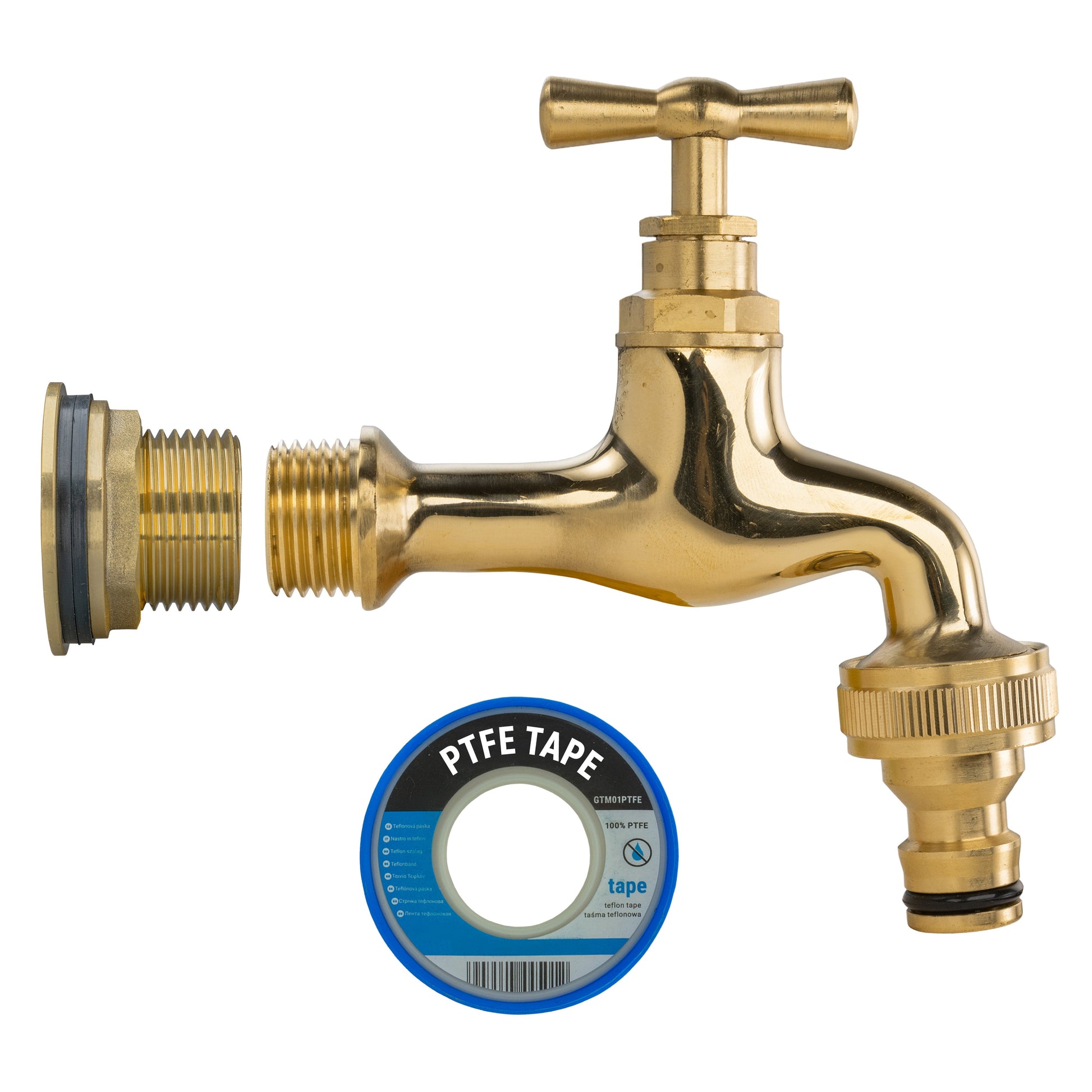 Brass tap with quick-connect outlet and PTFE tape included for sealing