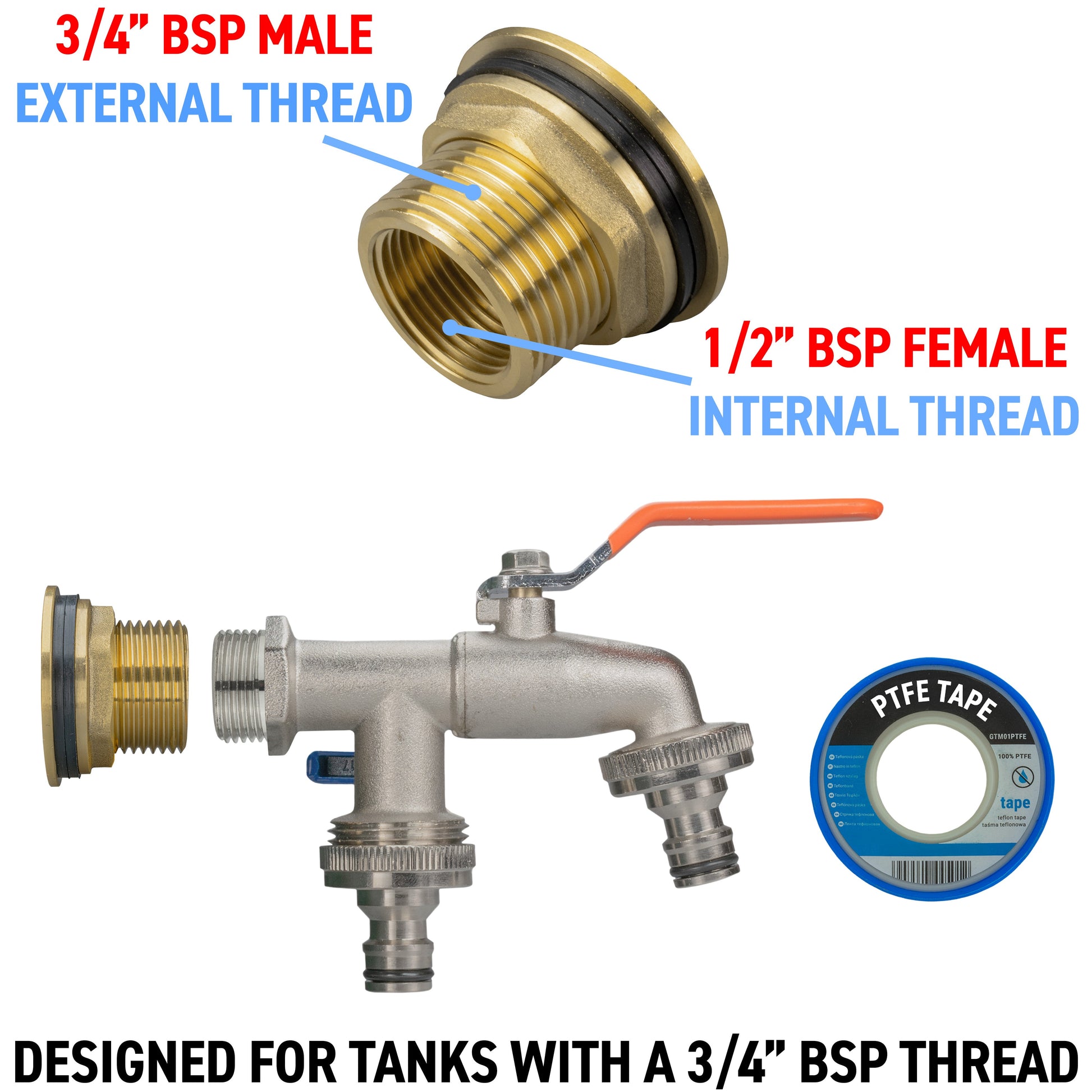 Brass inlet adapter and tap kit showing BSP male and BSP female threads with orange lever