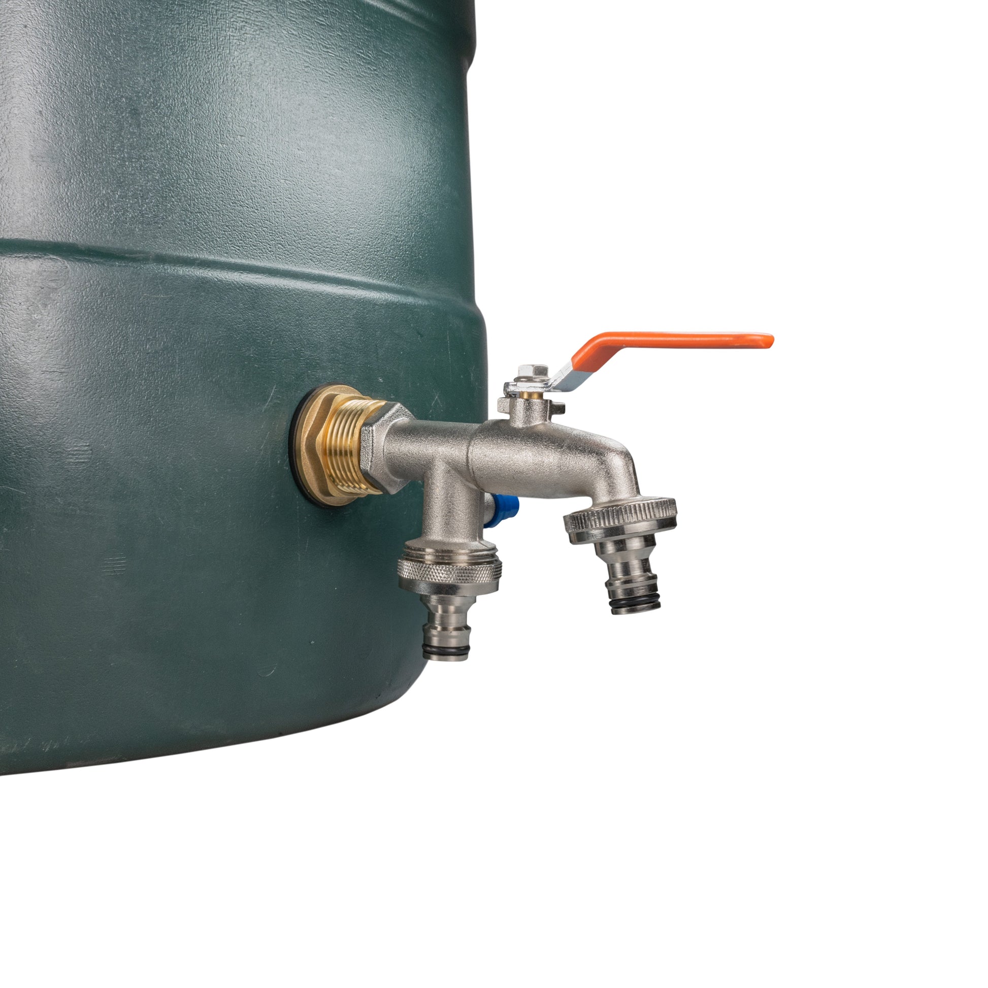Brass tap outlet assembly on water tank with orange lever and quick-connect fitting