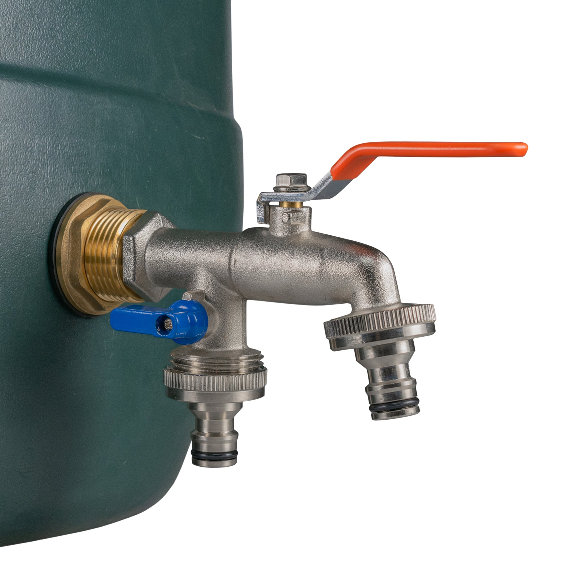 Close-up of brass water butt tap with orange lever handle and dual quick-connect ports